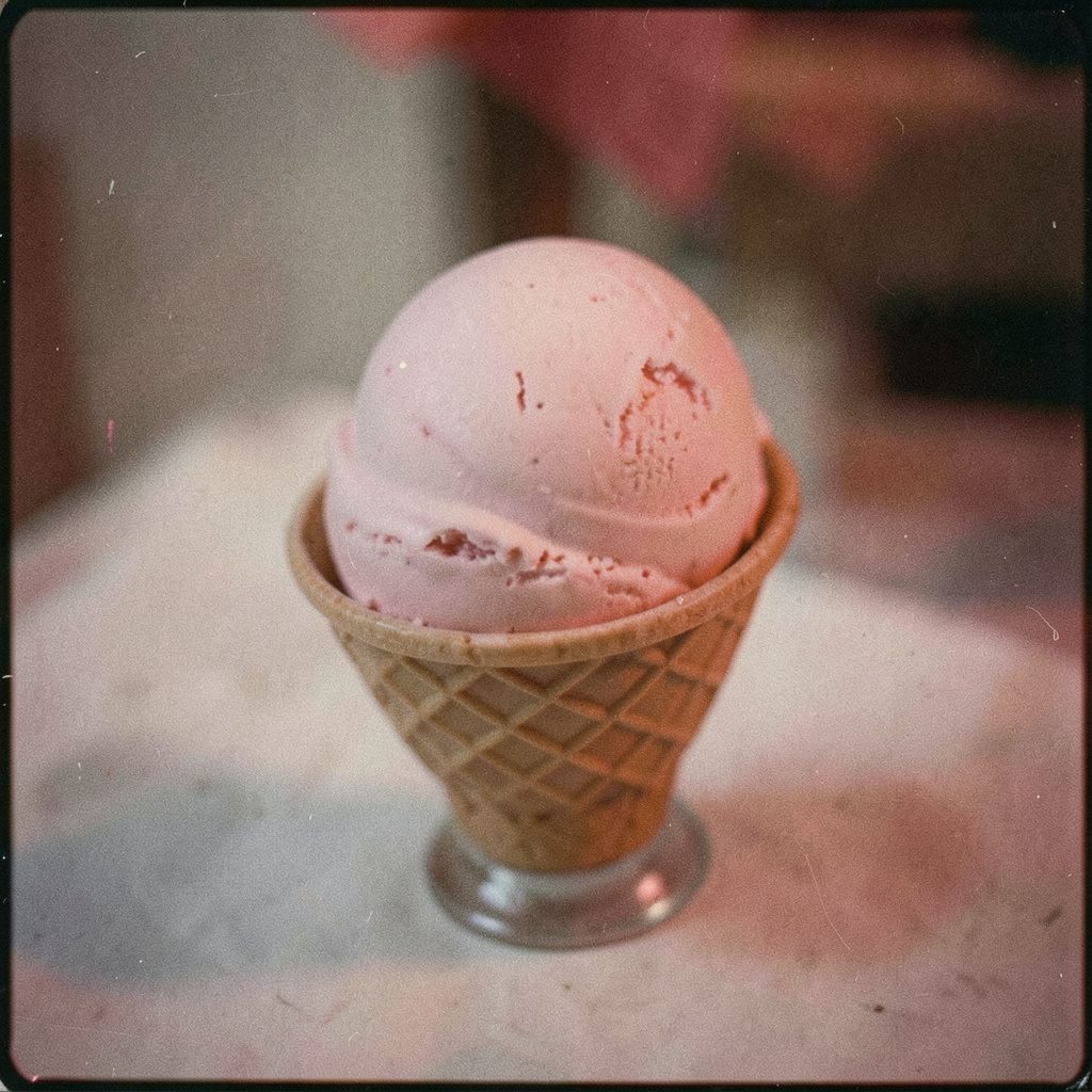 Close-up plated gelato dessert in warm cream and amber tones, soft studio lighting, analog film grain