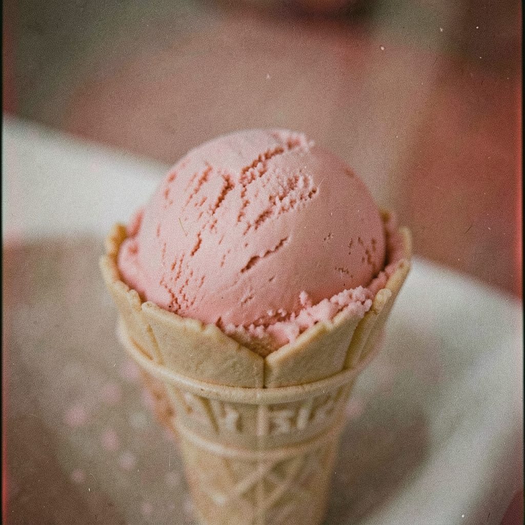 Close-up of hands scooping smooth gelato from a metal pan, soft natural light, shallow depth of field, grainy film photograph.