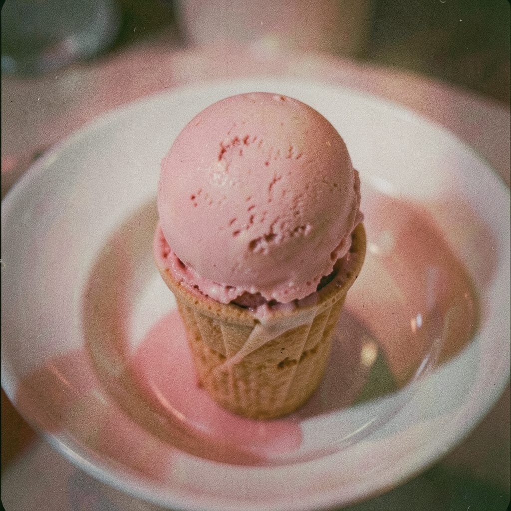 Analog film photograph of a chef pouring a glossy fruit sorbetto base into a professional batch freezer, deep berry hues against brushed steel, warm kitchen light